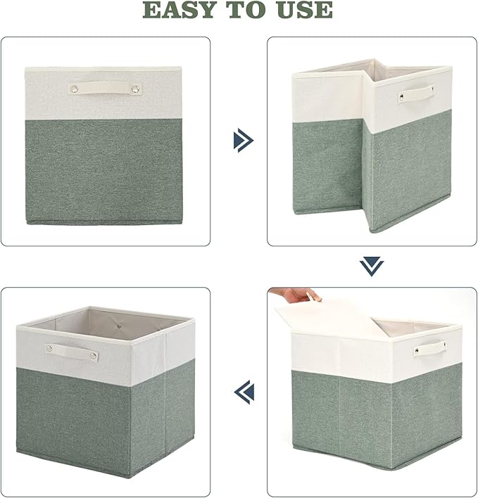 13 x 13 Inch Fine Linen Storage Bins with Handles，Fabric Cube Boxs，Collapsible Basket Organizers for Shelves for Home, Closet Drawers (White/Green-6 Pack)