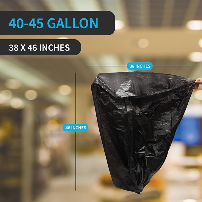 Black Garbage Bags, Made in USA, 40-45 Gallon, Light Duty, Durable, Unscented, High Density, Industrial and Commercial Use, for Lawn, Leaf, No Ears, No Ties, Bulk 250 Count