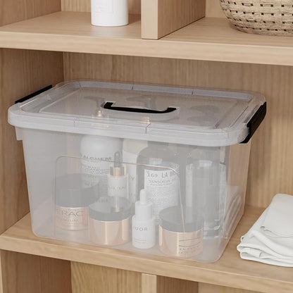 10.5 L Clear Latch Storage Bin with Lid, 4 Packs Plastic Organizing Box with Black Handle