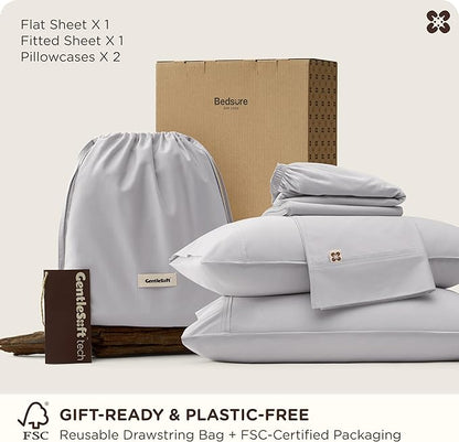 Bedsure Cooling Sheets, Rayon Derived from Bamboo & Cotton Blend, GentleSoft, Breathable, Queen Sheet Set, Deep Pocket Up to 18 Inches, Hotel Luxury Bedding for Hot Sleepers, Grey