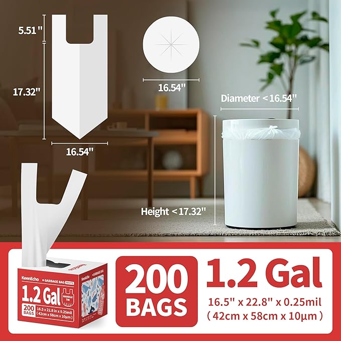 Small Trash Bags with Handles 1.2 Gallon 200 Count White - Ocean Plastic Upcycling - Plastic Garbage Bags, Can Bin & Waste Basket Liner for Kitchen, Bathroom, Office and Pets