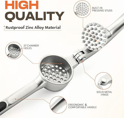Kitchen Garlic Press, Rust Proof & Dishwasher Safe Garlic Mincer, Durable Garlic Crusher Set with Peeler＆Brush, Easy to Clean and Squeeze, Matte