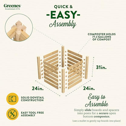 Greenes Fence Cedar Wood Composter, 24" W x 24" L x 31" H / 77.3 Gallons - Made in USA with North American Cedar