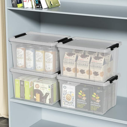 Set of 4 Plastic Latch Storage Bins with Wheels, 23 L Clear Latch Boxes with Stackable Lids