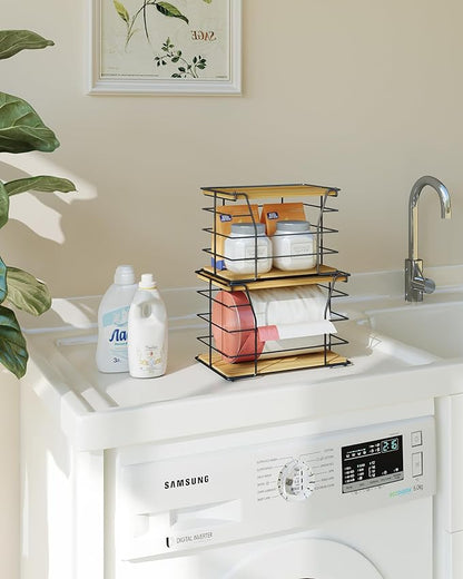 2 Pack Trash Bag Holder/Dispenser, Stackable Storage Laundry Kitchen Organizers for Countertop Organization, Wall Mount Garbage Bag Dispenser with wooden Top, No Drill