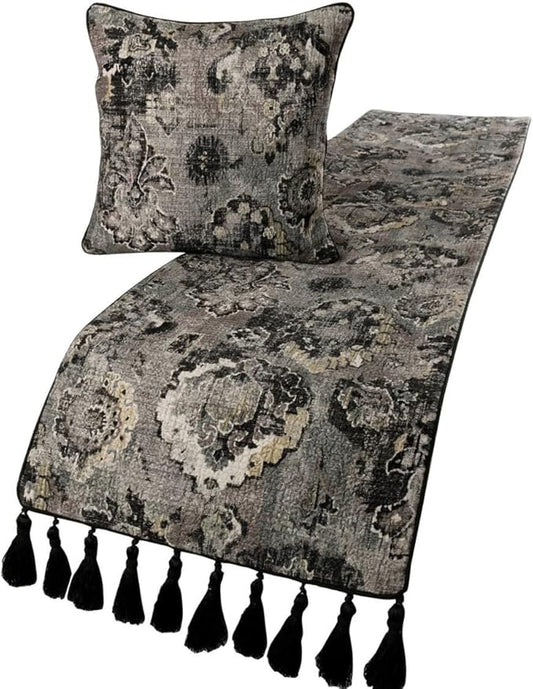 The HomeCentric Luxury Black & Grey Full 68 x 18 inch Bed Runner Without Pillow Cover, Velvet Damask with Tassels Bed Scarf, Abstract Modern - Paved Damask