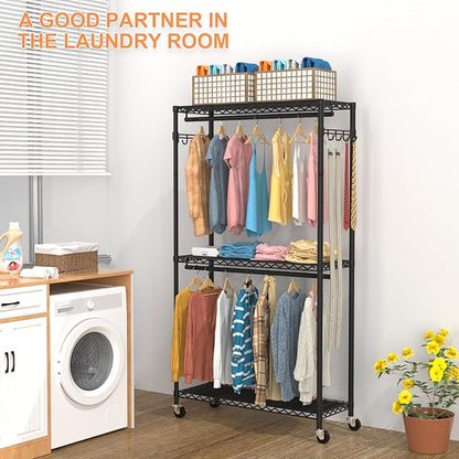 Clothes Rack, Clothing Racks for Hanging Clothes, 3 Tiers Adjustable Garment Rack with Wheels | Double Rods | Side Hooks | Heavy Duty | Load 445lbs | 15.7" D x 35.43" W x 78.34" H | Black