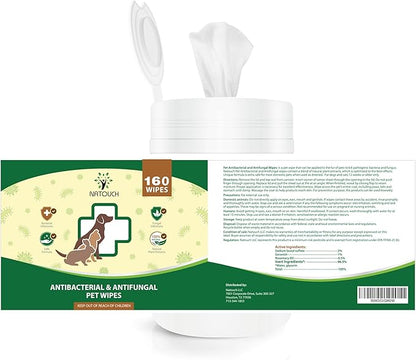 Antifungal and Antibacterial Wipes for Dogs & Cats, Dog Yeast Infection Treatment Wipes, All Natural Grooming Wipes for Cleaning, Help with Hot Spots, Ringworm, and Skin Infections, 160 Count