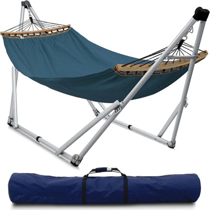 Tranquillo Ultimate Relaxation Portable Hammock Stand, Foldable Hammock Stand with Canvas Hammock, Spreader Bar, Quick Fold Unfold in 30 Seconds Steel Frame Hammock 600 lbs Capacity, White/Blue
