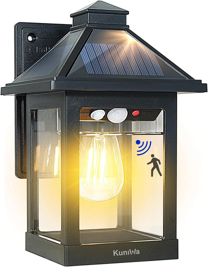 Solar Wall Light Outdoor with 3 Lighting Modes, Dusk to Dawn Led Wall Mount Sconce Exterior Motion Sensor Security Porch Lantern Light Fixture Waterproof for Patio Fence Outside Decorative