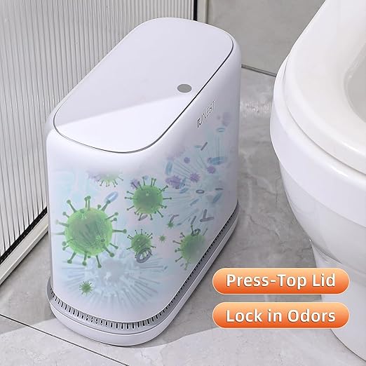 funest Bathroom Trash Can, 3.3 Gallon Slim Trash Can with Lid, Adsorption Garbage Can with Press-Top Lid, Small White Narrow Plastic Trash Bin for Bathroom, Office, Bedroom, Living Room