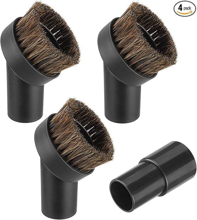 4 Pcs 25mm Horsehair Round Brush Vacuum Brush Attachment with 1-1/4 to 1-3/8 inch Hose Adapter for 1.25 inch/32mm Inner Diameter Vacuum Cleaner, Vacuum Attachment for Most Household Vacuum Cleaners