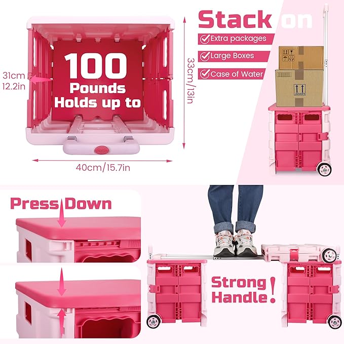 Foldable Rolling Cart on Noiseless Wheels: Portable Utility Cart for Grocery Books File Office (Pink)