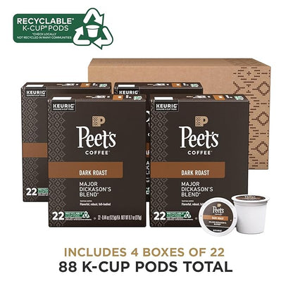 Peet's Coffee, Dark Roast Keurig K-Cup Pods - Major Dickason's Blend 88 Count (4 Boxes of 22 K-Cup Pods)