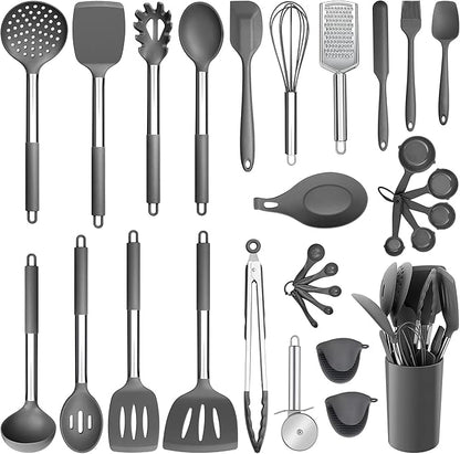 Silicone Kitchen Utensils Set, E-far 30-Piece Cooking Utensils Set with Holder, Heat Resistant Kitchen Spatulas Turner Tong Spoon Whisk Ladle for Nonstick Cookware, Stainless Steel Handle (Gray)