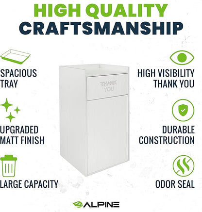 Alpine Restaurant Trash Can Cabinet with Tray Holder - Commercial 40 Gallon Garbage Receptacle Indoor for Restaurants, Cafeterias (White)