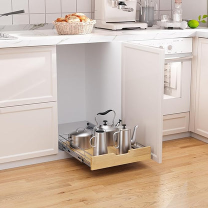 Pull Out Cabinet Organizer,Heavy-Duty Slide Out Shelf, Wood And Wire Basket, Pull Out Drawer for for Kitchen Under Sink Space, Pantry, Bathroom (26 * 21 WM)