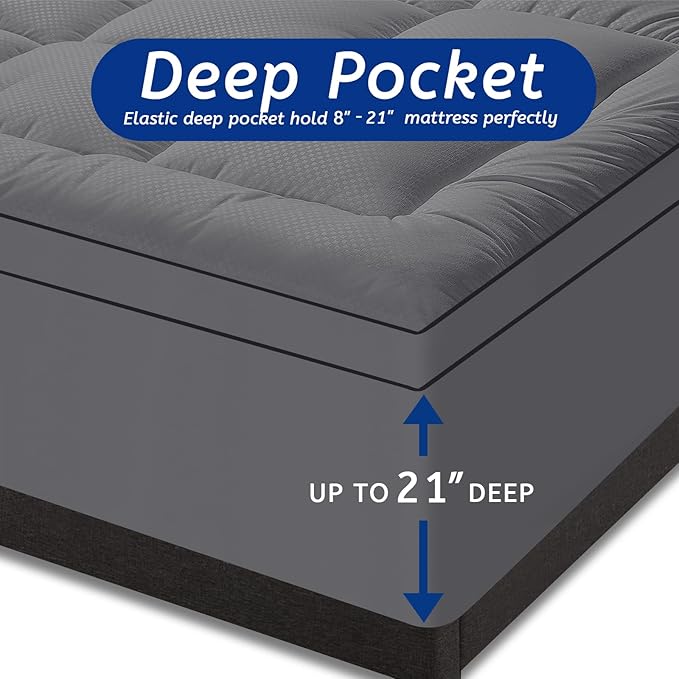 King Size Mattress Topper for Back Pain, Cooling Extra Thick Mattress Pad Cover with 8-21 inch Deep Pocket, Plush Pillow Top Mattress Topper Overfilled with Down Alternative, King Size, Dark Grey
