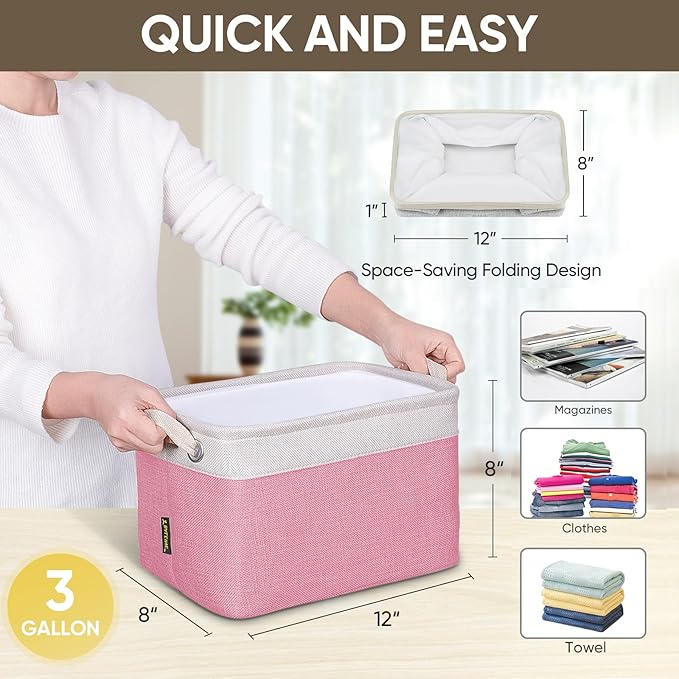 BALEINE 3 Pack Fabric Storage Bins for Shelves, Linen Storage Baskets for Organizing, Decorative Closet Bins for Clothes, Home (Pink, 12"x8"x8")