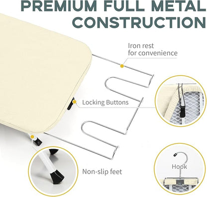 Metal Small Ironing Board Tabletop 31x12, RAINHOL Countertop Mini Iron Board Foldable with Cotton Cover and Pad, Portable and Compact for Travel, Dorms and Small Space