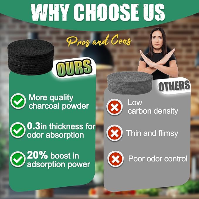 7.25 Inch Charcoal Filters for 10 Pack Kitchen Countertop Compost Bins - Extra Thick 0.3" for Longer Lasting Activated Carbon