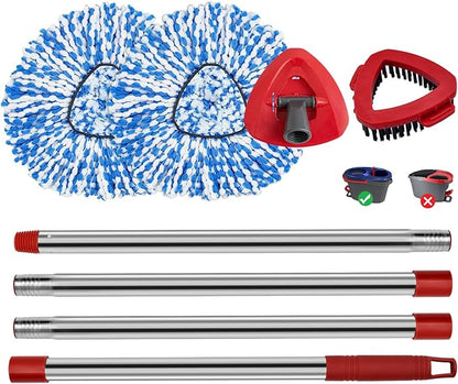 Spin Mop Handle Mop Heads and Base Replacement Sets Compatible with O Cedar EasyWring Rinseclean 2 Tank System, Flexible & Reusable(1 Sets Stainless Steel Handle & 2 Refills & 1 Base & 1 Scrub Brush)