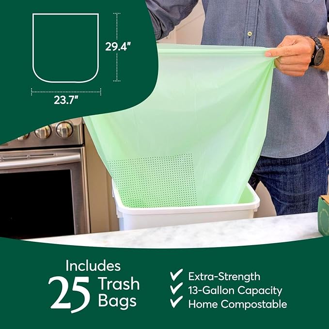 Cleanomic Compostable* 13 Gallon Trash Bags with Drawstring (3 Pack, 75 Count), BPI Certified For Kitchen Compost