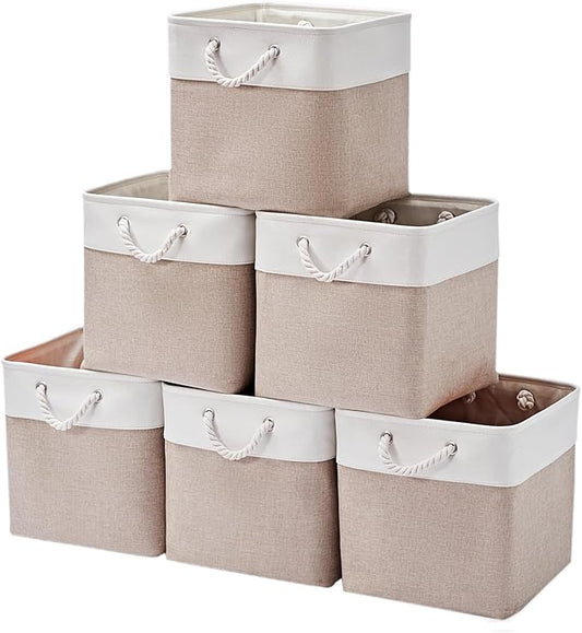 13 x 13 Inch Storage Cubes，6 Pack Cube Storage Bins for Shelves，Fabric Collapsible Storage Bins with Handles, Foldable Storage Basket for Organizing Clothes, Toys, Books (White&Beige)