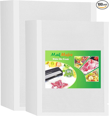 MakMeFre 100 Count Vacuum Sealer Bags 50 of Each Size 50 Pint 6"X10"and 50 Quart 8"X12"BPA Free Sous Vide Seal a Meal Commercial Grade Vaccume Seal Pre-Cut Combo Pack Bag