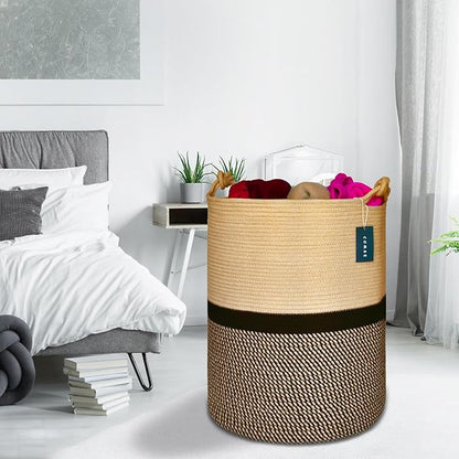 COMSE Extra Large Blanket Basket, Tall Woven Storage Basket, Nursery Hamper, 15.7”x 21.7”, Cotton Rope Laundry Hamper for Toys Clothes Towels, Blend Brown/Black