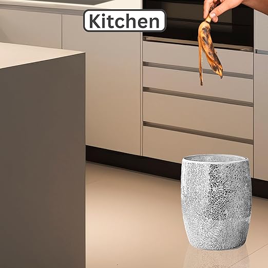 Escenzy Modern Bathroom Trash Can Silver Mosaic Glass 5L | 7" x 10" | Luxury Waste Basket for Restroom, Bedroom, Office & Kitchen | Decorative Small Garbage Can | Silver Glitter Bathroom Accessories
