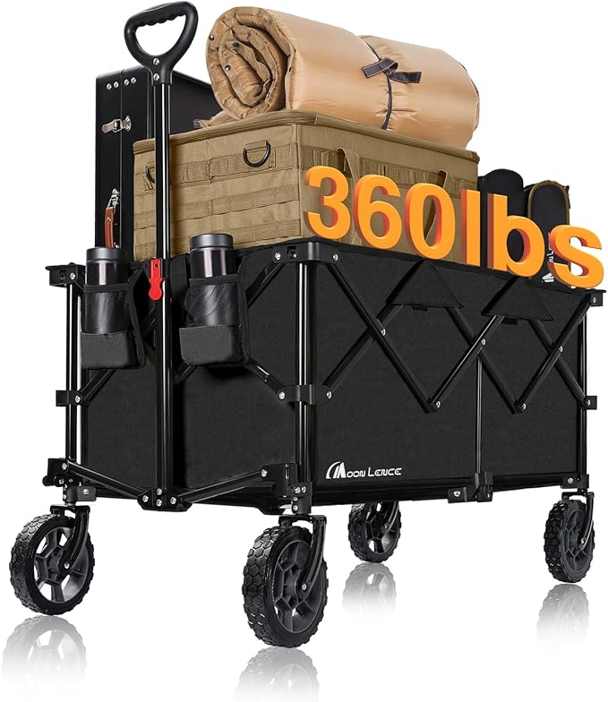 Moon Lence Large Collapsible Folding Wagon Cart Heavy Duty Folding Garden Portable Handy Cart with All-Terrain Beach Wheels, Adjustable Handle & Drink Holders (Black-New)
