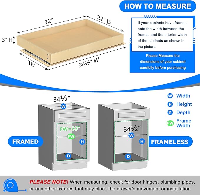 WelFurGeer Soft Close Pull Out Cabinet Organizer, 32" W x 22" D Pull Out Drawer for Cabinet, Bottom Mount Pull Out Drawers for Kitchen Cabinets, Durable Pullout Drawers for Home & Kitchen Organization