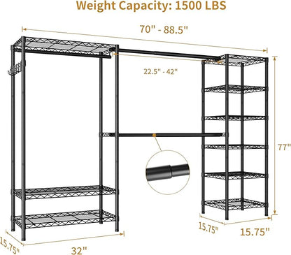 Expandable Heavy Duty Garment Rack Clothes Rack,Large Metal Closet Organizer System Storage Wardrobe,Freestanding Clothing Rack with 9 Adjustable Wire Shelves&3 Hang Rods,MaxLoad 1500lbs
