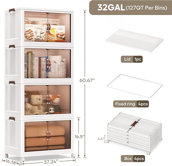 Jalove 120Gal Large Storage Bins with lids, 480QT Plastic Stackable Storage Containers with Wheels, Collapsible Closet Organizer and Storage Drawers,Clothes Organization for Cabinet Home, 4Pack White