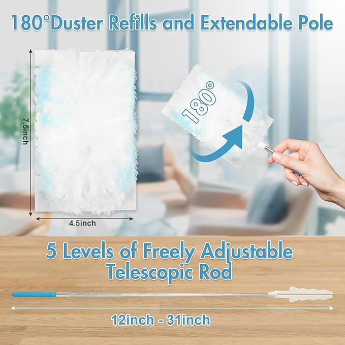 36 Pack 180° Duster Refills for Swiffer Duster Kit, with 1 Telescoping Handle for Multi Surface Dusters Heavy Duty Refill, 4X Electrostatic for Cleaning Furniture, Blinds, Electronic, Glass, Car.