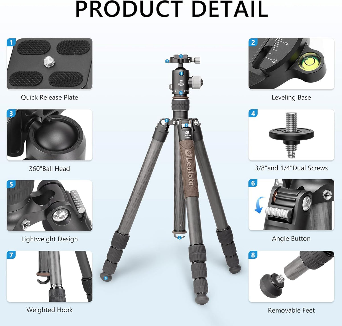 Portable Travel Tripod, Carbon Fiber Camera Tripod with Ball Head, with 360° Detachable Center Column, Folded Length 485mm, Max Load 15kg, Max. Height 1735mm (LX-324CT+XB-38)