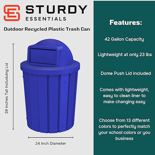 42 Gallon Slatted Circle 100% Recycled Plastic Commercial Outdoor and Indoor Trash Can with Push Open Dome Lid and Internal Liner | Great for Schools and Businesses - Blue