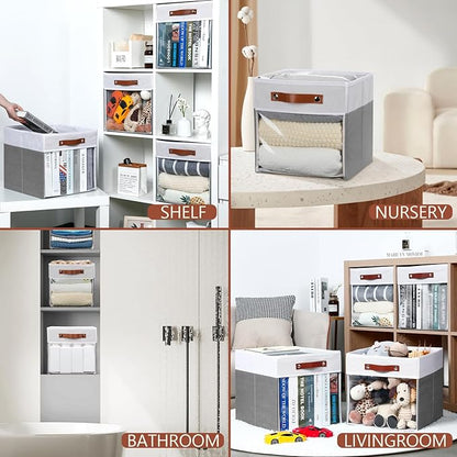 HNZIGE 11x11 Cube Storage Bins for Cube Organizer, Clear Fabric Storage Cubes for Storage Shelves, Collapsible Decorative Storage Bins for Clothes Closet Toys Cubby Storage Bin(White Gray 6 PCS