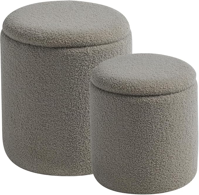 Round Ottoman with Storage Set of 2-Upholstered Sherpa Vanity Stool for Makeup Multifunctional Ottomans Coffee Table Padded Seat Foot Rest for Living Room&Bedroom(Sherpa Gray)