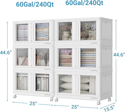 BROVIEW 120Gal Stackable Storage Bins with Lids & Wheels, 480Qt Plastic Collapsible Closet Organizer and Storage Drawers, Storage Boxes Cabinets for Home, Office, 6 Pack, White