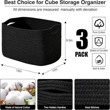 Black Storage Baskets for Organizing Shelves, Toy Basket for Nursery, Woven Cotton Rope Basket for Decor, Towel Baskets for Bathroom, 15"x11"x9.5", 3 Packs, Black