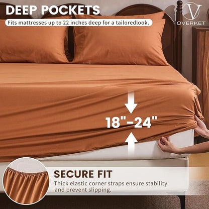 100% Linen Sheet Set Cal King Size Extra Deep Pocket Fits 18-24 Inch Mattress, Breathable & Soft, Smooth 4-Piece Set for Thick Mattresses Hotel Luxury Bedding（Cal King, Brown）
