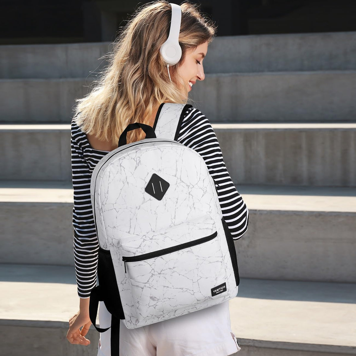 School Backpack,Classic Stone Textured Bookbag Men and Teen Boy Schoolbag with USB Charging Port for High School College Office Work Travel