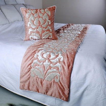 The HomeCentric Luxury Peach & Ivory Twin 53 x 18 inch Bed Runner Without Pillow Cover, Velvet Applique Bed Scarf, Abstract Modern - Peach Elegance