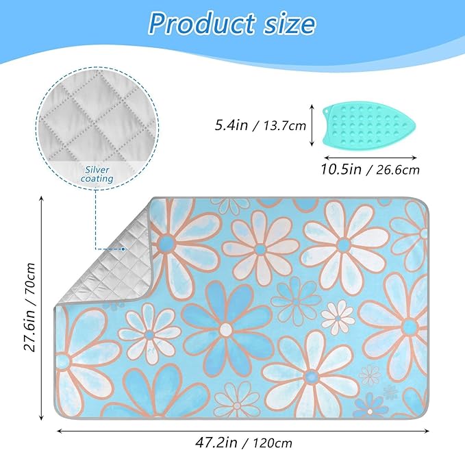 Ironing Mat Portable Ironing Pad Ironing Blanket for Table Top Heat Resistance Double-Side Using Travel Large 47.2 x 27.6 Inch Foldable Lightweight Floral Blue