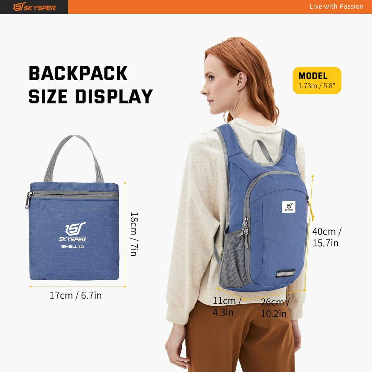 SKYSPER Small Daypack 10L Hiking Backpack Packable Lightweight Travel Day Pack for Women Men