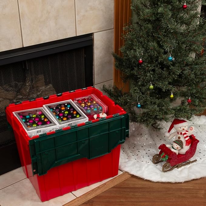 Akro-Mils KeepBox 18 Gallon Storage Container, Nesting and Stackable Plastic Storage Box with Lid Attached, Clear Tote for Garages, Closets, and Moving, 21" x 15" x 17", Red/Green