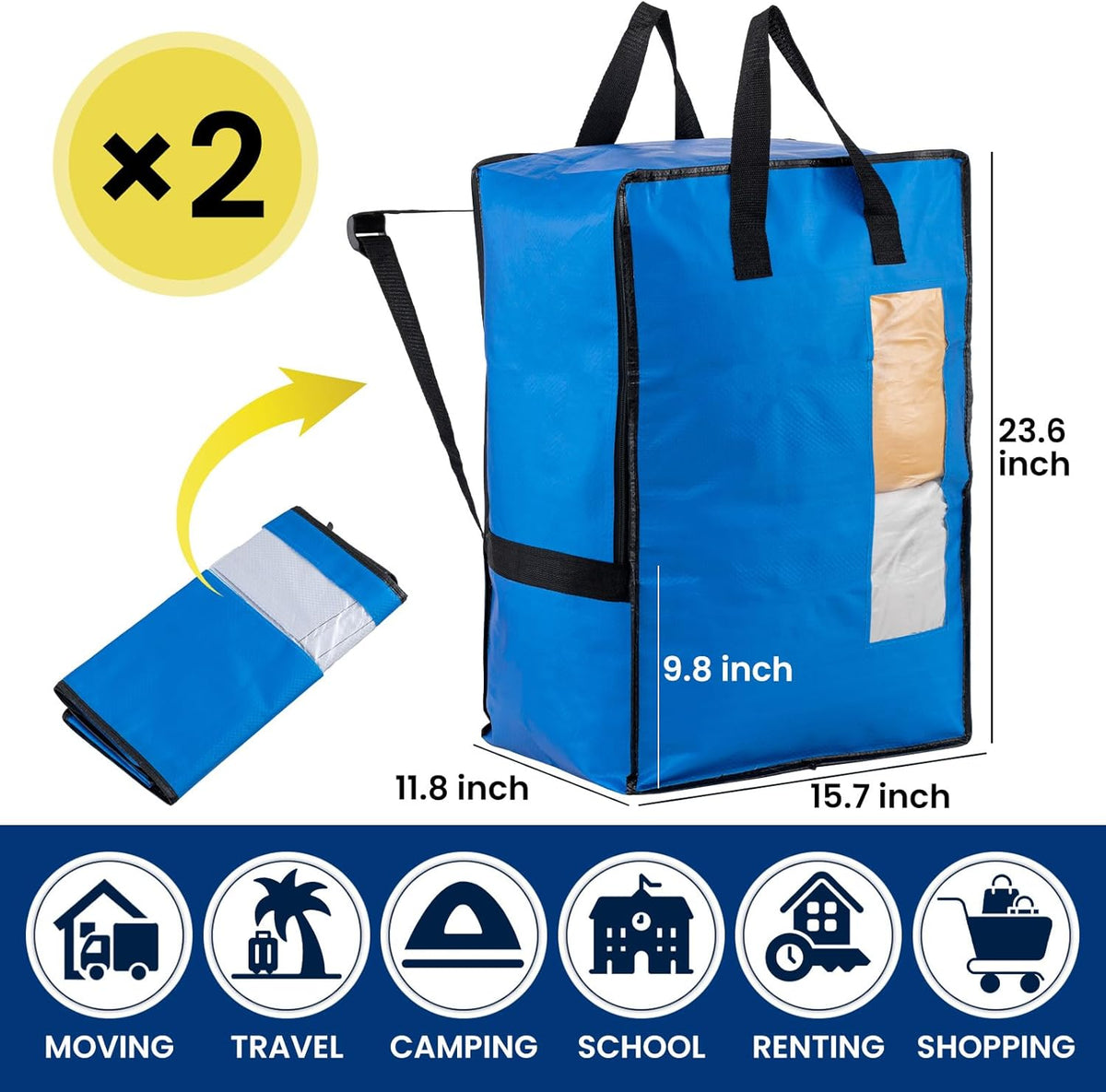 TAILI 2 Pack Blus Moving Bags w/Adjustable Backpack Straps, Moving Supplies, Moving Boxes Alternative, Heavy Duty Storage Totes for College Packing, Camping Backpack for Travel, Dorm, Laundry