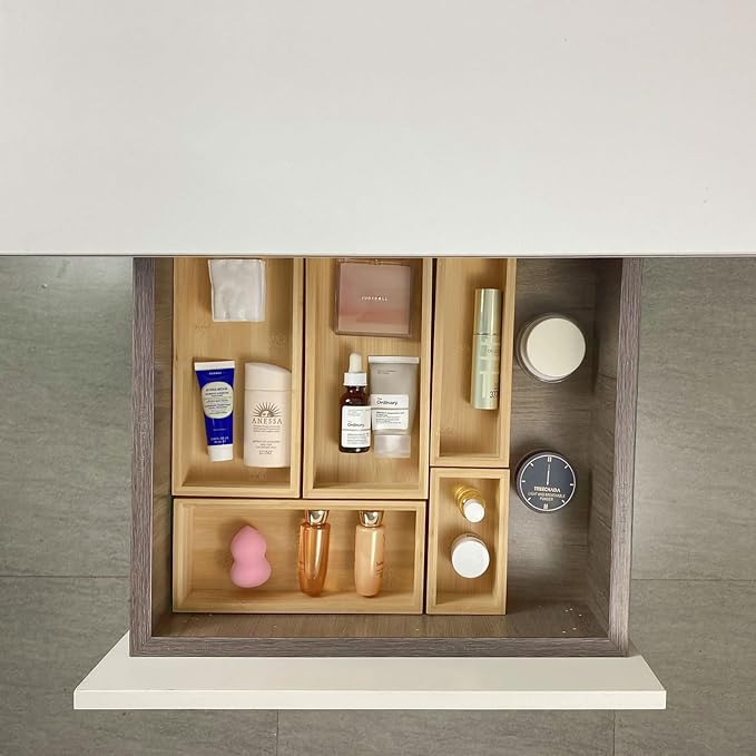 bamboo drawer organizer Set，expandable drawer dividers,wooden storage organizers,large trays for kitchen, bathroom,flatware,Tea Bag Organizer (1 X 5PCS Natural)